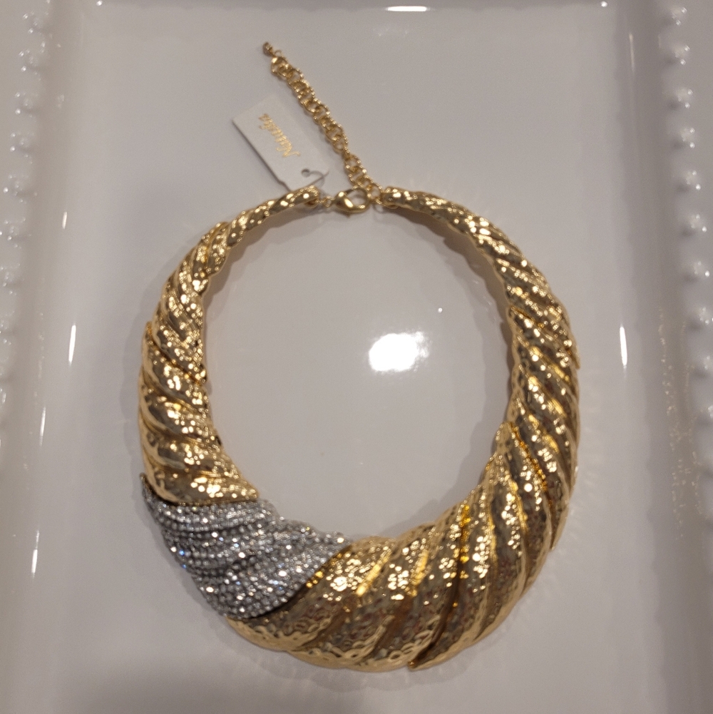Natasha Necklace: Gold-tone with Rhinestones. Thick. Sparkly. Statement. Choker. - Picture 9 of 15